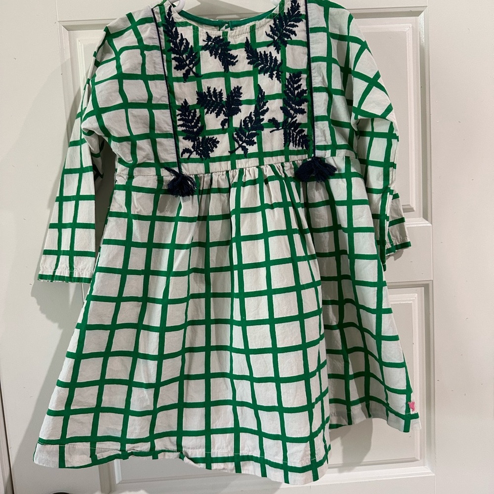 Pink chicken White & Green Checkered Girls' Dress with Navy Embroidery